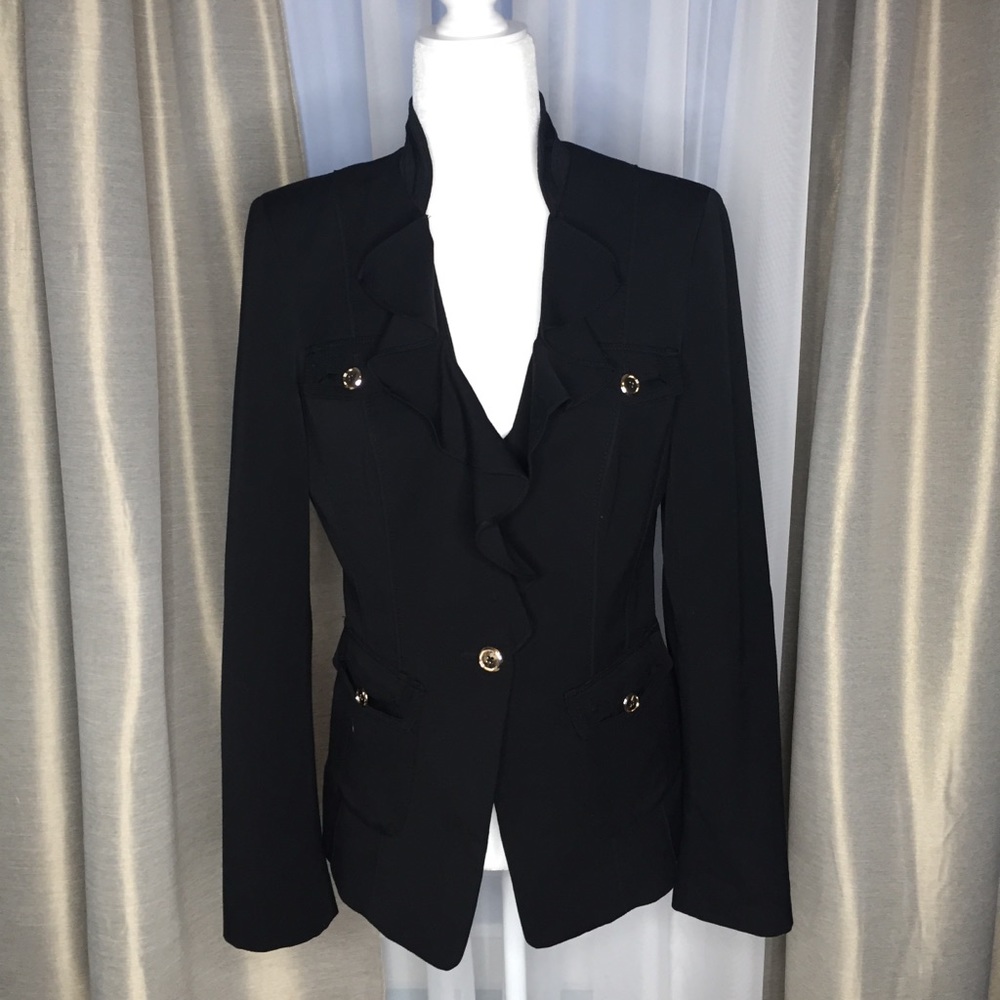 WHBM Black & Gold V Neck Ruffle Blazer